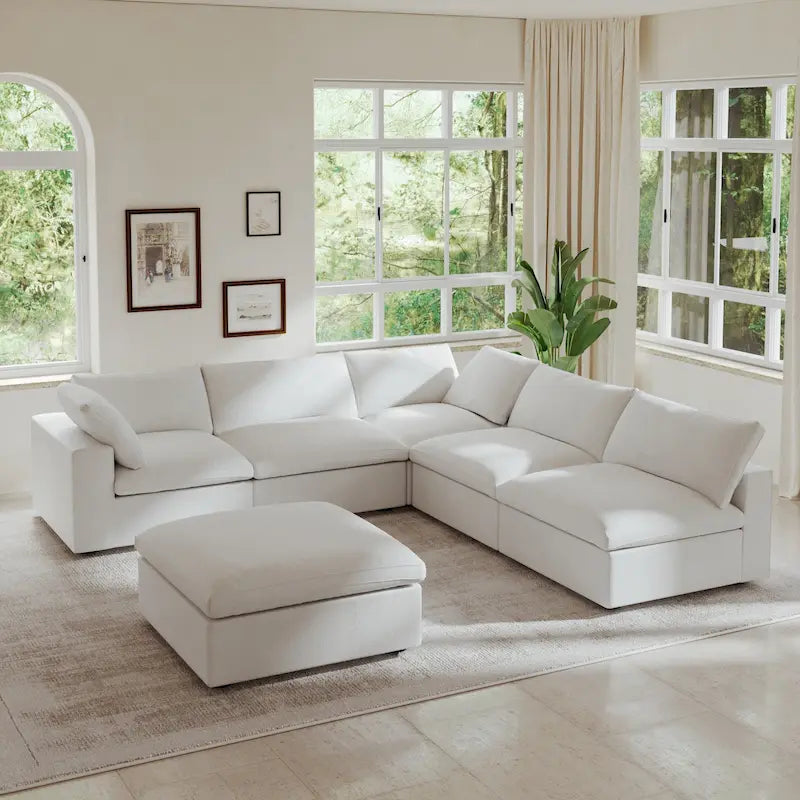 Divano modulare a L con pouf, 5 posti (Antracite scuro / Cachi / Bianco / Grigio)