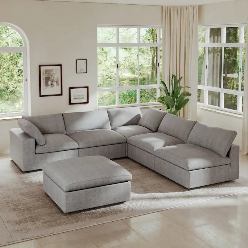 Divano modulare a L con pouf, 5 posti (Antracite scuro / Cachi / Bianco / Grigio)