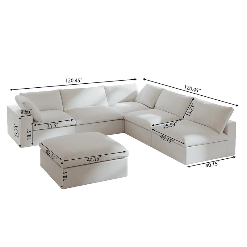 Divano modulare a L con pouf, 5 posti (Antracite scuro / Cachi / Bianco / Grigio)
