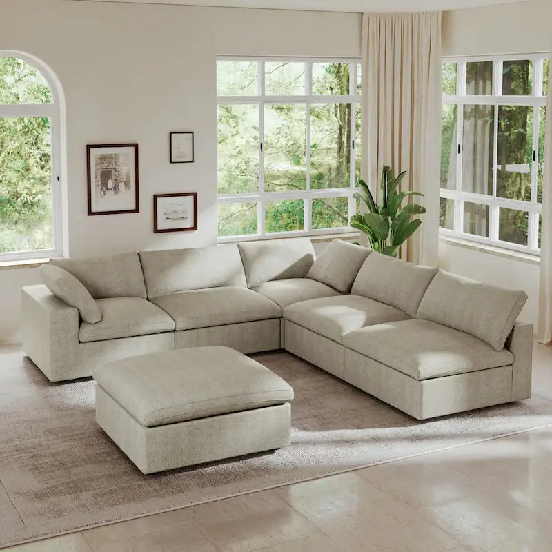 Divano modulare a L con pouf, 5 posti (Antracite scuro / Cachi / Bianco / Grigio)