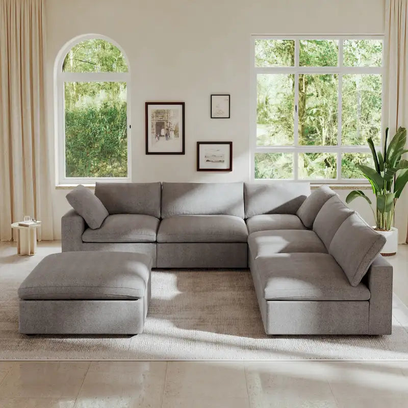 Divano modulare a L con pouf, 5 posti (Antracite scuro / Cachi / Bianco / Grigio)