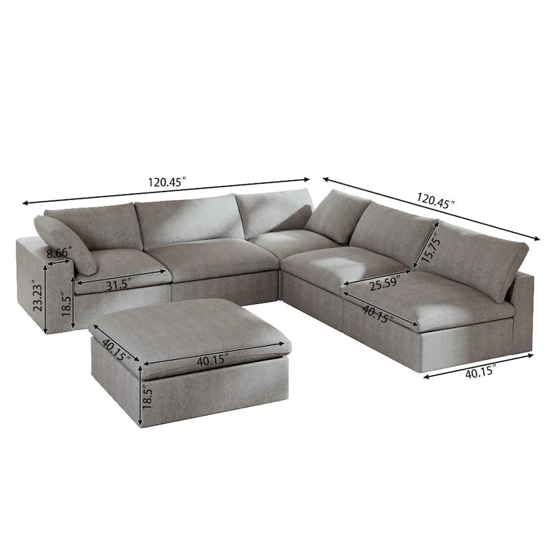 Divano modulare a L con pouf, 5 posti (Antracite scuro / Cachi / Bianco / Grigio)