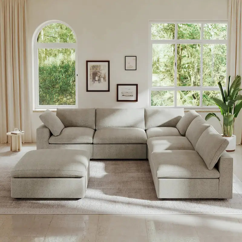 Divano modulare a L con pouf, 5 posti (Antracite scuro / Cachi / Bianco / Grigio)