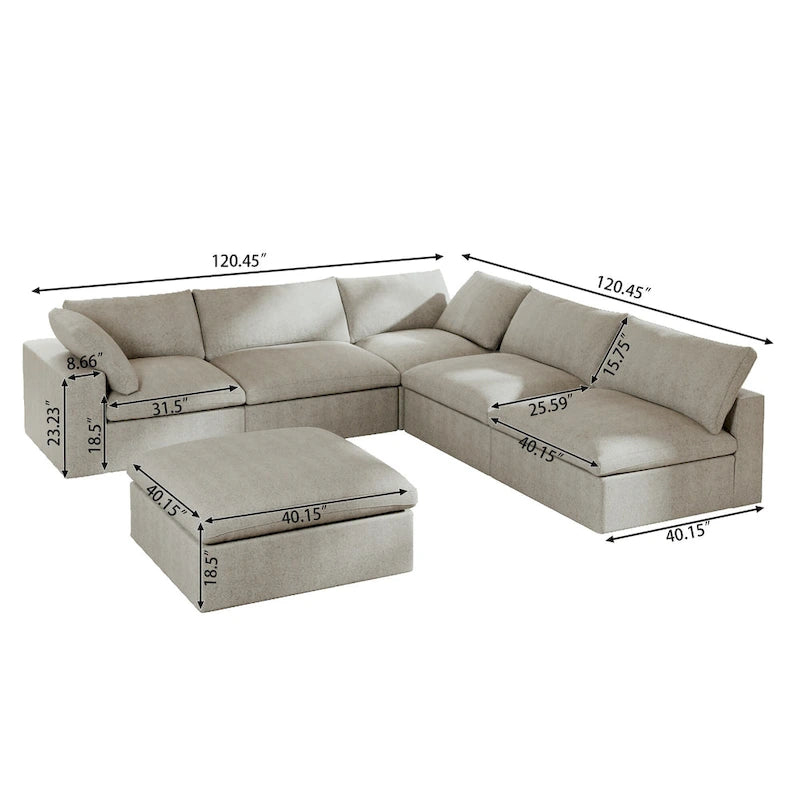 Divano modulare a L con pouf, 5 posti (Antracite scuro / Cachi / Bianco / Grigio)