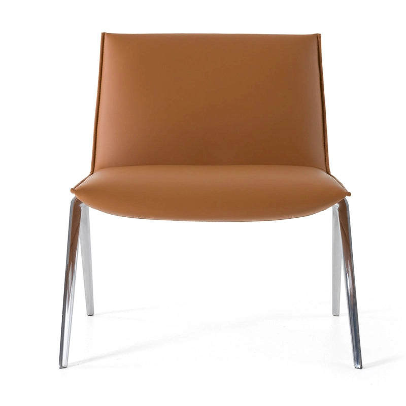 Sedia da ufficio in similpelle vegana color cammello, gambe cromate, monoposto