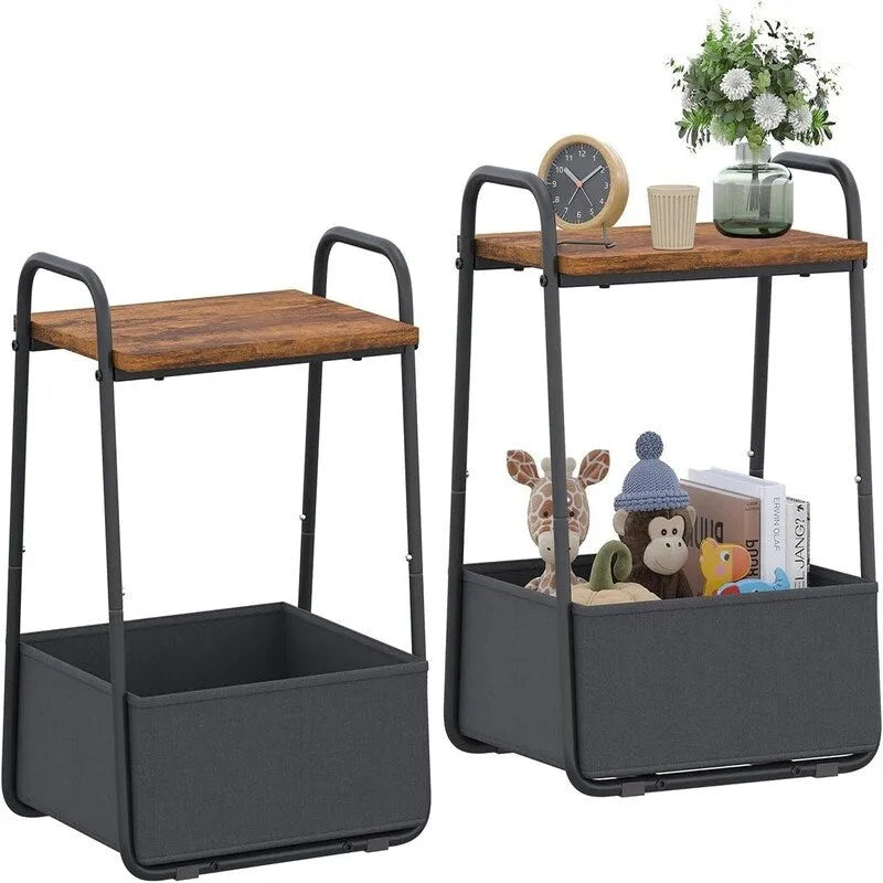 Comodini Moderni Set da 2, Telaio in Acciaio e Cesto in Tessuto, Multicolore