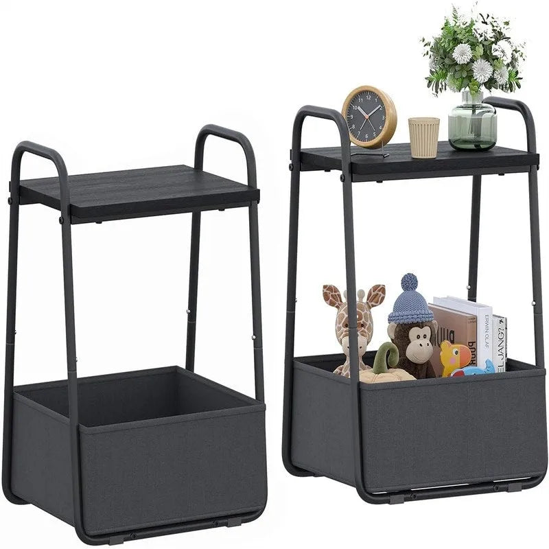 Comodini Moderni Set da 2, Telaio in Acciaio e Cesto in Tessuto, Multicolore