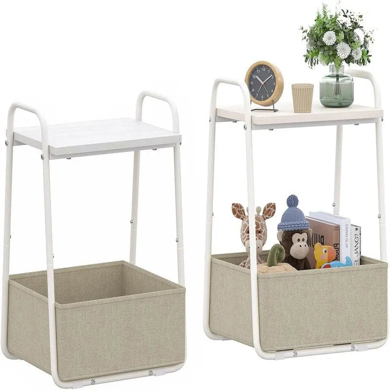 Comodini Moderni Set da 2, Telaio in Acciaio e Cesto in Tessuto, Multicolore