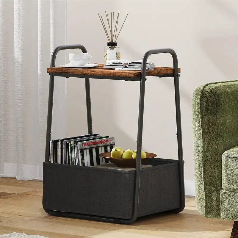 Comodini Moderni Set da 2, Telaio in Acciaio e Cesto in Tessuto, Multicolore