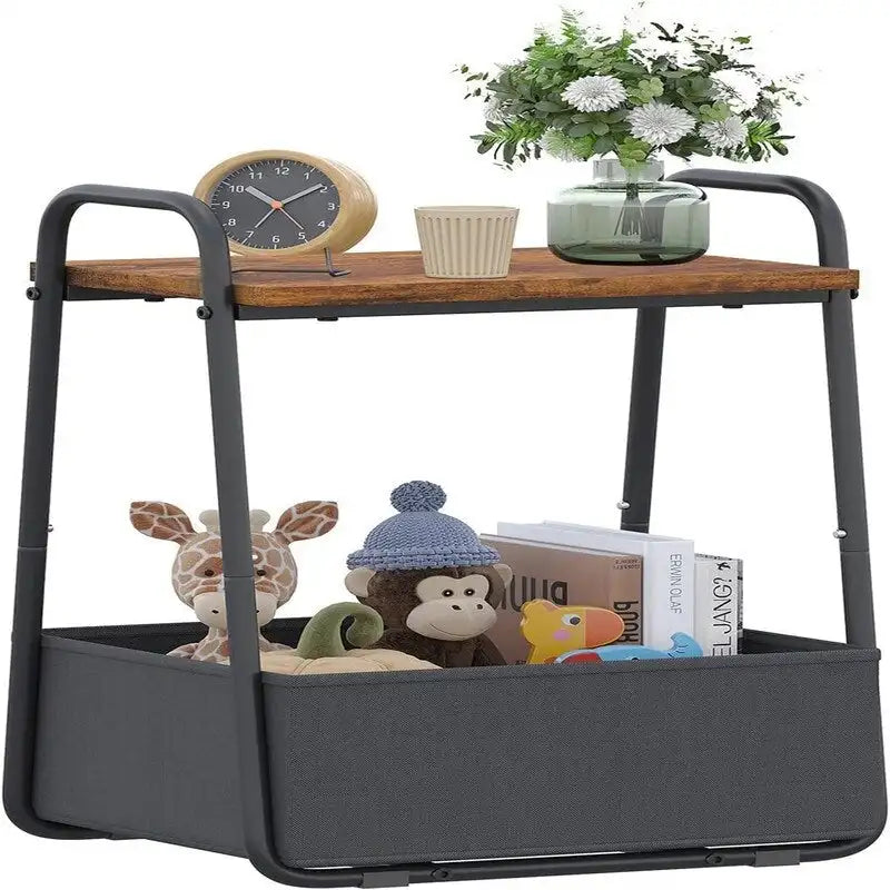 Comodini Moderni Set da 2, Telaio in Acciaio e Cesto in Tessuto, Multicolore