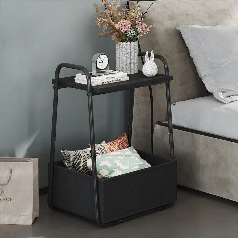 Comodini Moderni Set da 2, Telaio in Acciaio e Cesto in Tessuto, Multicolore