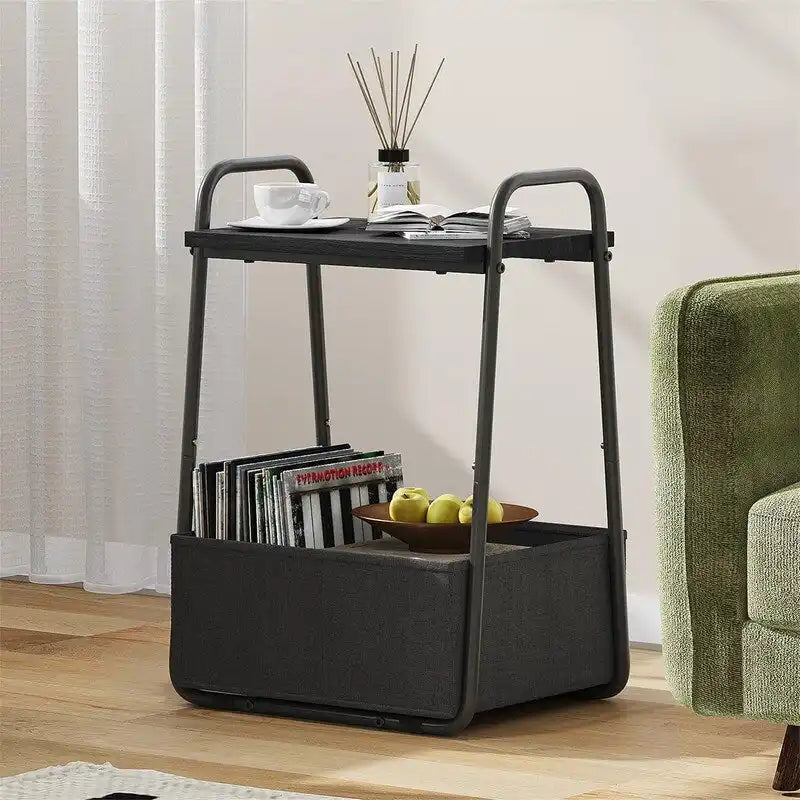 Comodini Moderni Set da 2, Telaio in Acciaio e Cesto in Tessuto, Multicolore