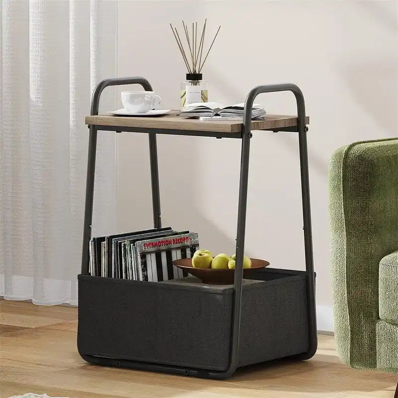 Comodini Moderni Set da 2, Telaio in Acciaio e Cesto in Tessuto, Multicolore