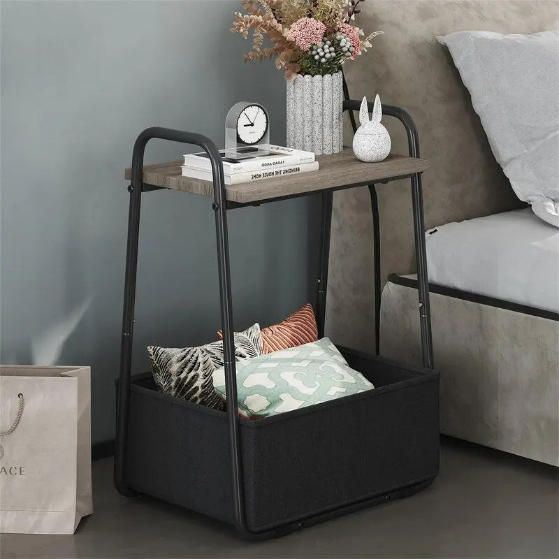 Comodini Moderni Set da 2, Telaio in Acciaio e Cesto in Tessuto, Multicolore