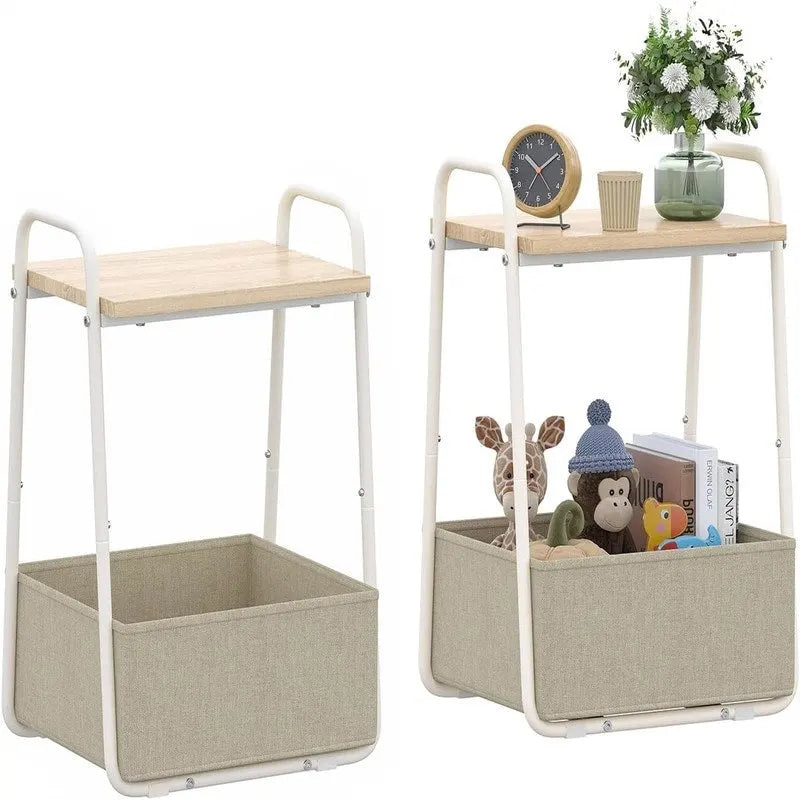 Comodini Moderni Set da 2, Telaio in Acciaio e Cesto in Tessuto, Multicolore