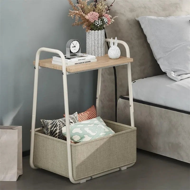Comodini Moderni Set da 2, Telaio in Acciaio e Cesto in Tessuto, Multicolore
