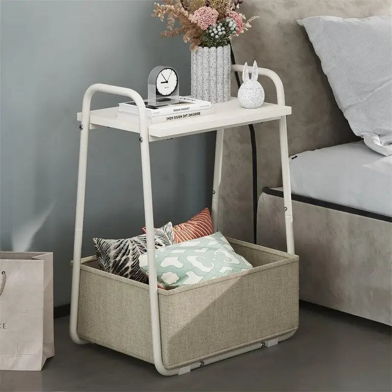 Comodini Moderni Set da 2, Telaio in Acciaio e Cesto in Tessuto, Multicolore