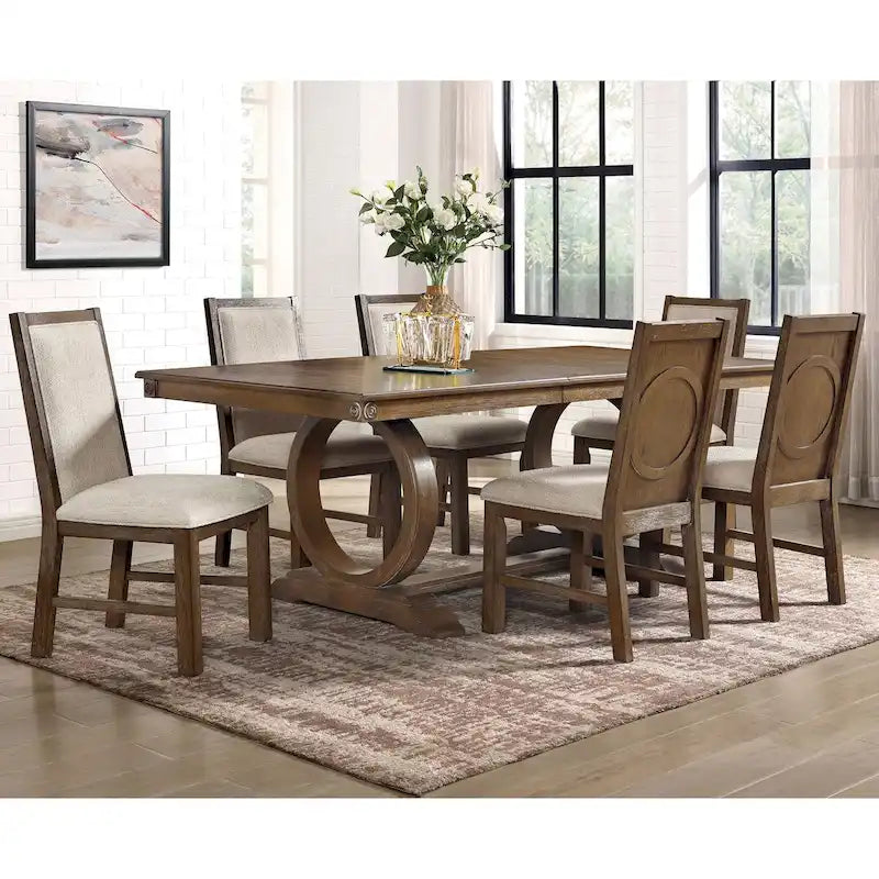 Set tavolo da pranzo allungabile 7 pezzi in rovere rustico e beige (6 posti)