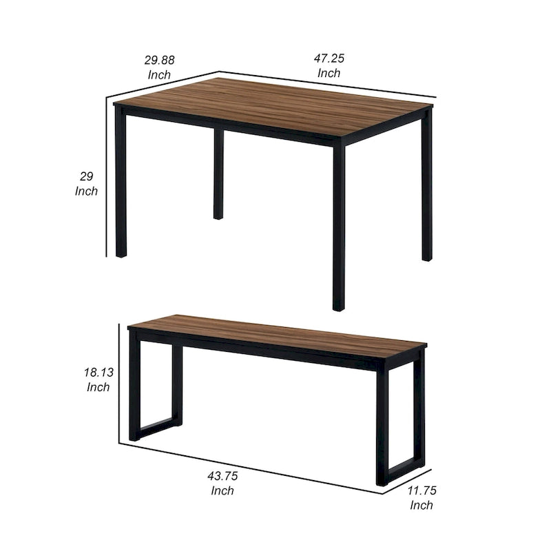 Set da pranzo industriale marrone e nero, 3 persone, 1 tavolo + 2 panche