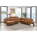 Divano Sezionale in Pelle Fiore Color Cognac con Chaise Longue Sinistra, Posti a Sedere 4–5