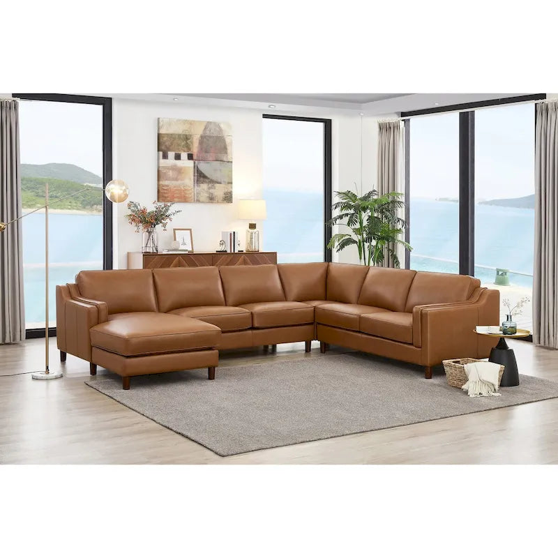 Divano Sezionale in Pelle Fiore Color Cognac con Chaise Longue Sinistra, Posti a Sedere 4–5