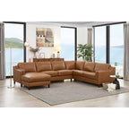 Divano Sezionale in Pelle Fiore Color Cognac con Chaise Longue Sinistra, Posti a Sedere 4–5