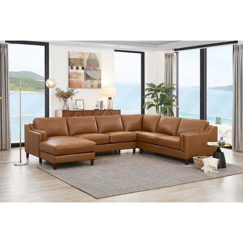 Divano Sezionale in Pelle Fiore Color Cognac con Chaise Longue Sinistra, Posti a Sedere 4–5