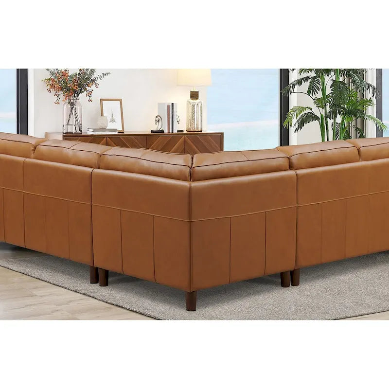 Divano Sezionale in Pelle Fiore Color Cognac con Chaise Longue Sinistra, Posti a Sedere 4–5