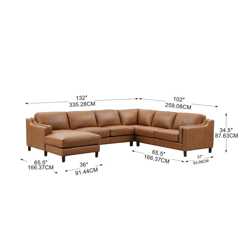 Divano Sezionale in Pelle Fiore Color Cognac con Chaise Longue Sinistra, Posti a Sedere 4–5