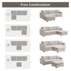 Divano componibile a L reversibile beige con pouf, 4 posti