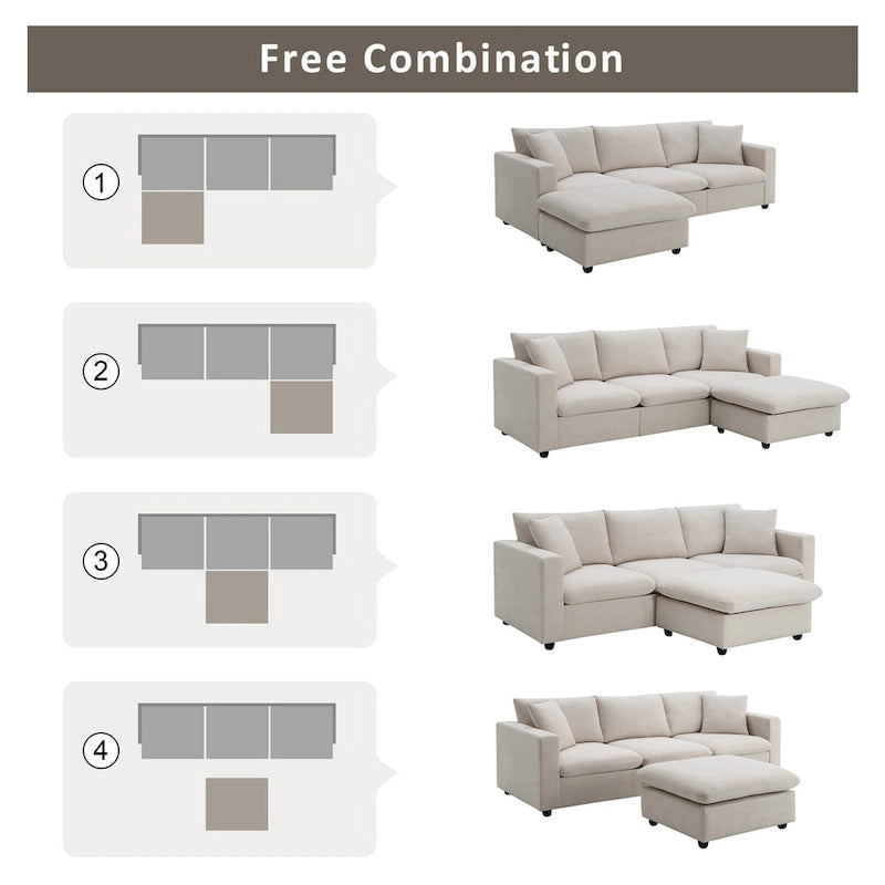 Divano componibile a L reversibile beige con pouf, 4 posti