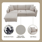 Divano componibile a L reversibile beige con pouf, 4 posti