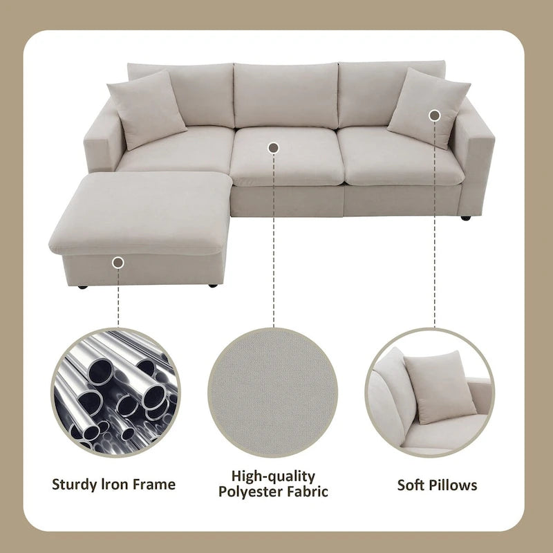 Divano componibile a L reversibile beige con pouf, 4 posti