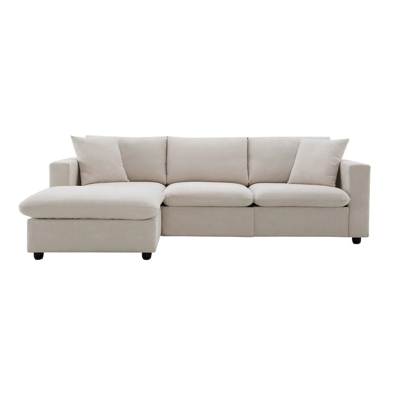 Divano componibile a L reversibile beige con pouf, 4 posti
