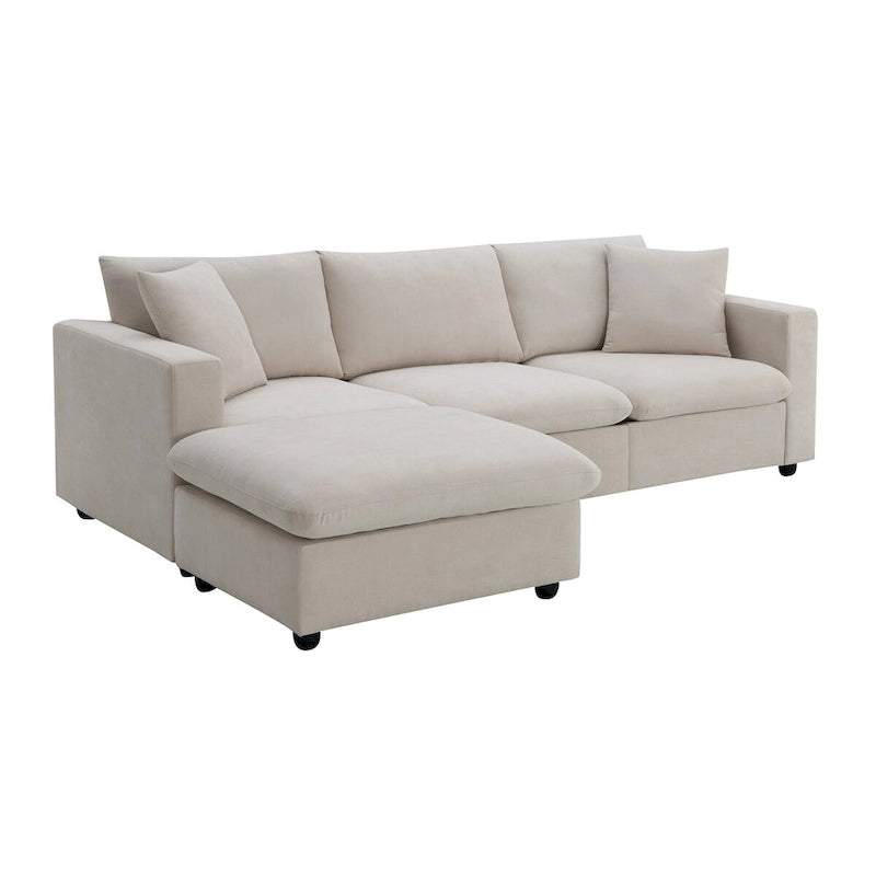 Divano componibile a L reversibile beige con pouf, 4 posti