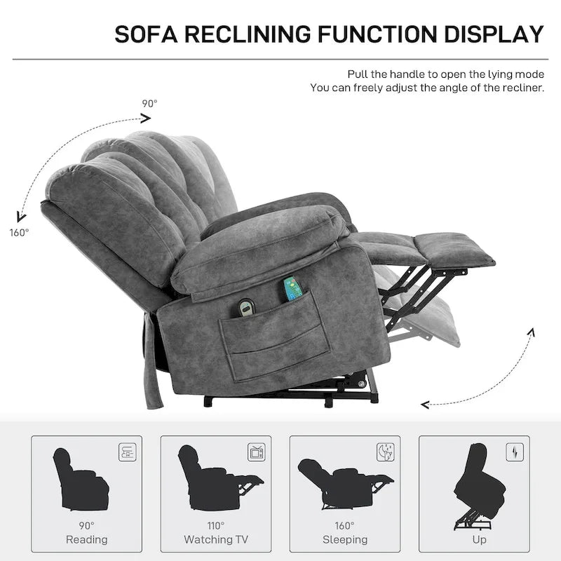 Poltrona Reclinabile Elettrica Grey Power Lift, Singola, con Massaggio e Calore