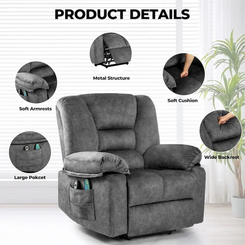 Poltrona Reclinabile Elettrica Grey Power Lift, Singola, con Massaggio e Calore