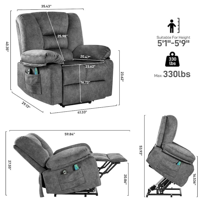 Poltrona Reclinabile Elettrica Grey Power Lift, Singola, con Massaggio e Calore