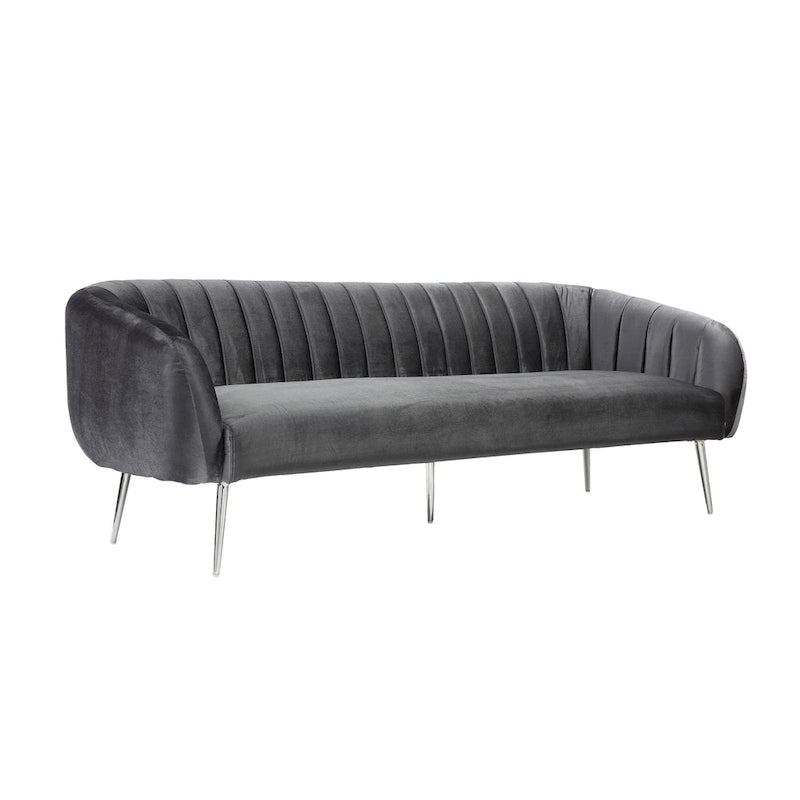Divano a 3 posti in velluto grigio con gambe argentate, trapuntatura a canale, 188 cm