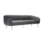Divano a 3 posti in velluto grigio con gambe argentate, trapuntatura a canale, 188 cm