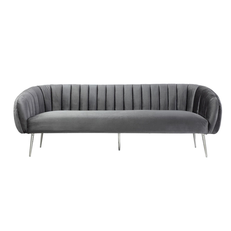 Divano a 3 posti in velluto grigio con gambe argentate, trapuntatura a canale, 188 cm