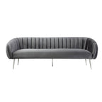 Divano a 3 posti in velluto grigio con gambe argentate, trapuntatura a canale, 188 cm