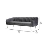 Divano a 3 posti in velluto grigio con gambe argentate, trapuntatura a canale, 188 cm