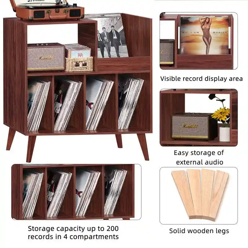 Supporto per giradischi in legno (nero/noce/marrone/bianco/naturale), stile con ripiani aperti, per 1 persona
