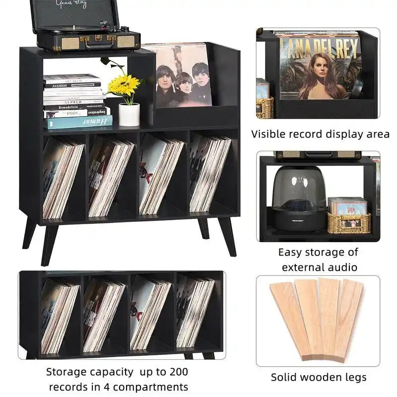 Supporto per giradischi in legno (nero/noce/marrone/bianco/naturale), stile con ripiani aperti, per 1 persona