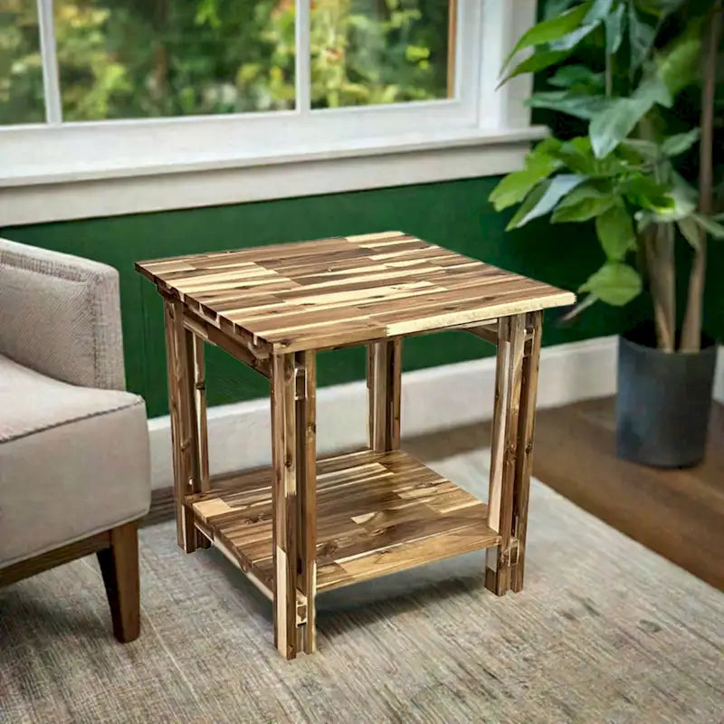 Tavolino con Ripiano Inferiore in Legno Massello di Acacia Naturale e Mogano, 1 Pezzo