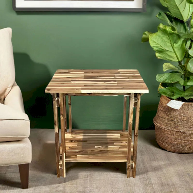 Tavolino con Ripiano Inferiore in Legno Massello di Acacia Naturale e Mogano, 1 Pezzo