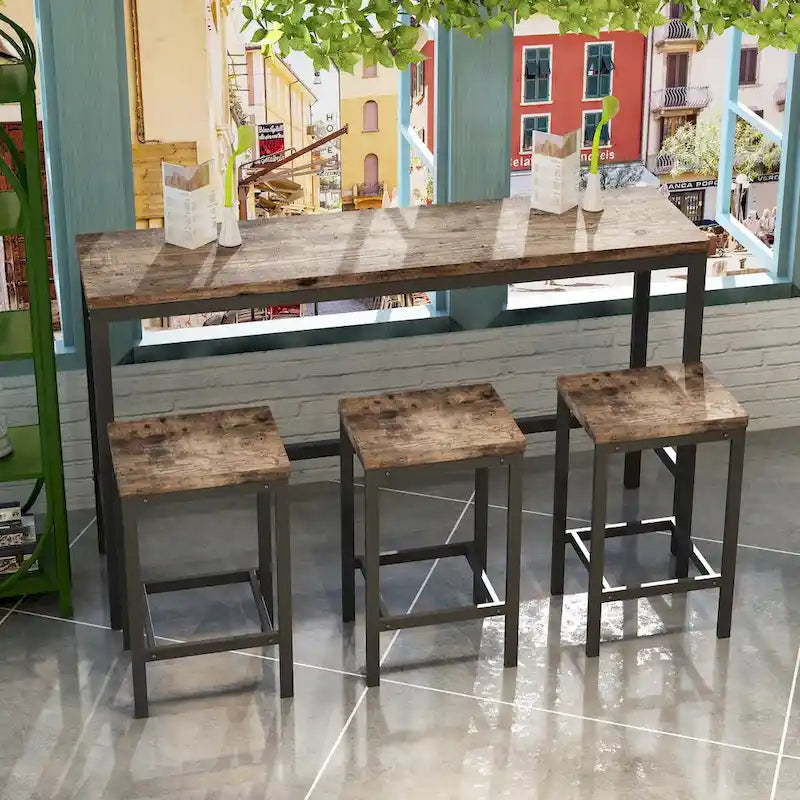 Set da pranzo alto da 3 posti, colore marrone scuro/naturale/grigio, in MDF e struttura in metallo