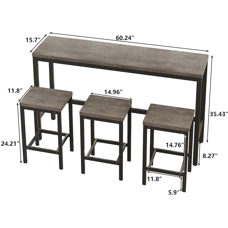 Set da pranzo alto da 3 posti, colore marrone scuro/naturale/grigio, in MDF e struttura in metallo