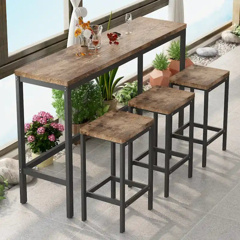 Set da pranzo alto da 3 posti, colore marrone scuro/naturale/grigio, in MDF e struttura in metallo